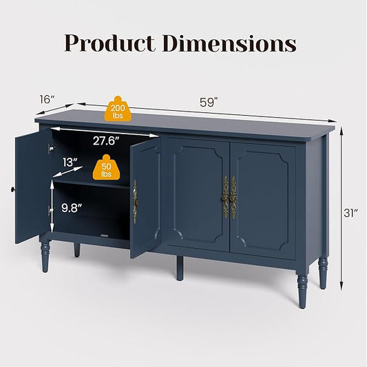 RoyalCraft 118" Buffet Cabinet with Storage, Vintage Sideboard with Adjustable Shelves, Mid Century Modern Painted Credenza Coffee Bar for Kitchen, Dining Room, Entryway, Living Room, Navy Blue