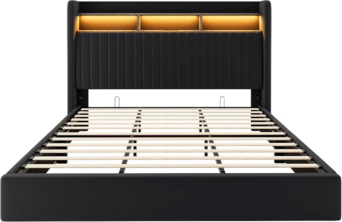 Allewie King Size Lift Up Hydraulic Storage Bed Frame, 2-Tier Shelf Headboard with LED Lights and Charging Station, USB and Type C Ports, Wingback Velvet Headboard, No Box Spring Needed, Black