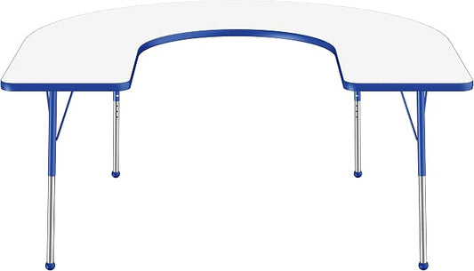 FDP Dry-Erase Horseshoe Activity School and Office Table (60 x 66 inch), Standard Legs with Ball Glides for Collaborative Spaces, Adjustable Height 19-30 inches - Whiteboard Top, Blue Edge and Legs