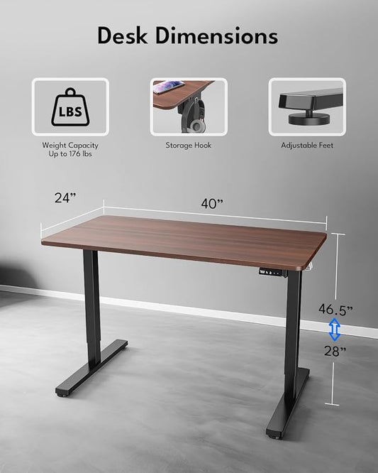 Standing Desk, Height Adjustable Electric Stand up Desk, 40 x 24 Inches Sit Stand Home Office Desk with Splice Board, Black Frame/Walnut Top