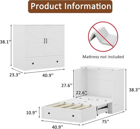 LIVAUVEAD Murphy Bed with Built-in Charging Station, Space-Saving Murphy Bed Chest Twin with Drawer, Foldable, for Home Office Guest Room Bedroom White