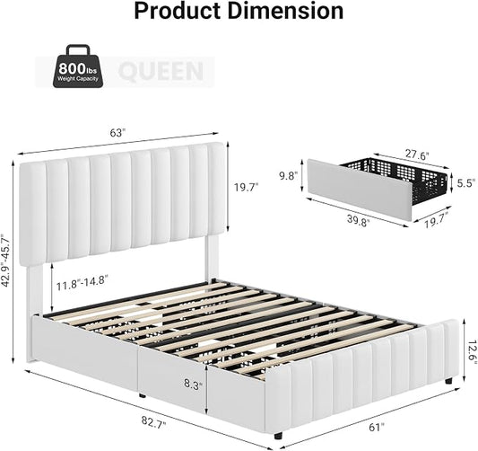 IDEALHOUSE Queen Size Bed Frame with 4 Storage Drawers, PU Leather Upholstered Platform Bed Frame, Adjustable Height Headboard, No Box Spring Needed, Easy to Assembly, White