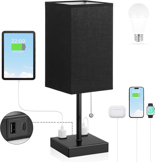 Black Medium Table Lamp with USB Ports - 3 Color Temperature Bedside Lamp for Bedroom, Pull Chain Control, USB A and C Ports, 2 AC Outlets, Bulb Included