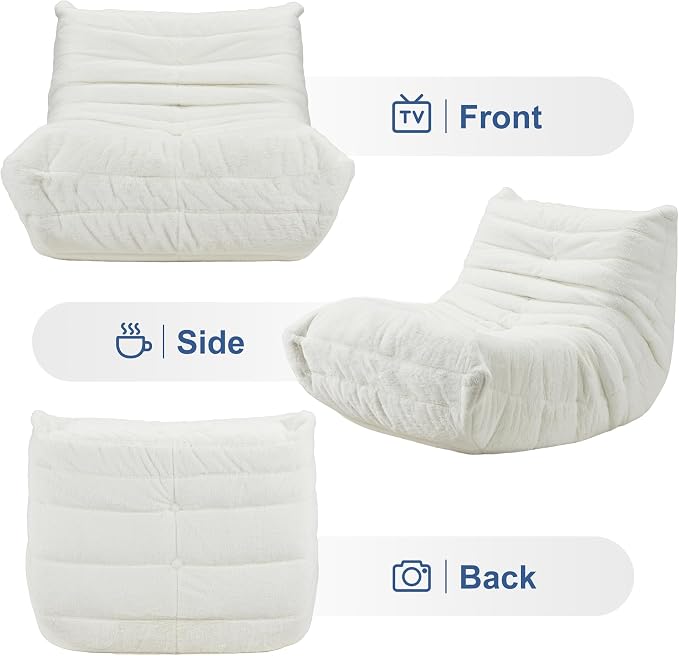 Hobestluk Adults Bean Bag Chair Faux Fur BeanBag Couch for Living Room | White Plush,Ergonomic Design,Memory Foam,UltraSoft,Anti-slip Bottom,No Assembly Required,Decorative Style for Living Room