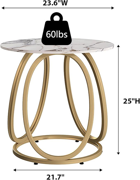 O&K FURNITURE Gold Side Table Living Room, Round End Table with Marbling Stone, Nightstand with Metal Frame, for Bedroom, Home Office, 1PC