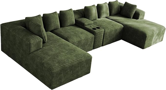 143" Oversized U Shaped Cloud Sectional Couches for Living Room, Comfy Fluffy Corduroy Green Boneless Couch, Large Modular Sectional Sofa Set with Chaise, Cup Holder, USB Port, Storage Console
