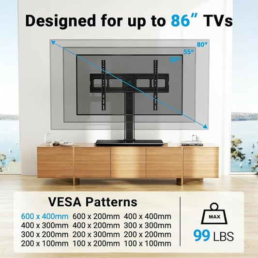 PERLESMITH Swivel Universal TV Stand Mount for 32-86 Inch LCD OLED Flat/Curved Screen TVs up to 99lbs-Height Adjustable Table Top TV Stand/Base with Tempered Glass Base&Wire Management,VESA 600x400mm