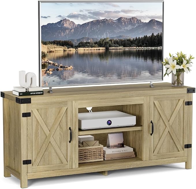 YESHOMY Modern Farmhouse TV Stand with Two Barn Doors and Storage Cabinets for Televisions up to 65+ Inch,Entertainment Center Console Table,Media Furniture for Living Room,Yellow Oak