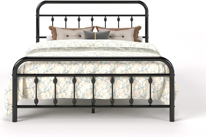 SHA CERLIN Full Size Metal Platform Bed Frame with Victorian Style Iron-Art Headboard and Footboard, Easy Assembly, Under Bed Storage, No Box Spring Required, Black