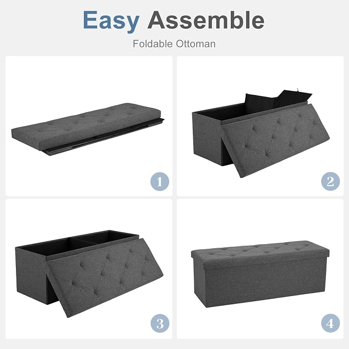 DUMOS 43 Inch Folding Storage Ottoman Bench, Large Hidden Storage Chest with Thicker Foam Padded Seat, End of Bed Foot Rest Stool for Bedroom Living Room Entryway, Load 660 lbs, Grey