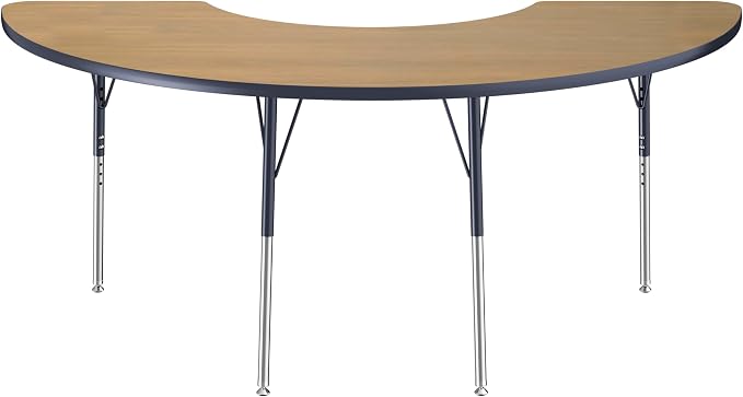 FDP Half Moon (36 x 72) Classroom Teacher Table with Adjustable Standard Swivel Glide Legs (19-30 in) School and Office Furniture - Pasadena Oak Top/Navy Edge and Legs