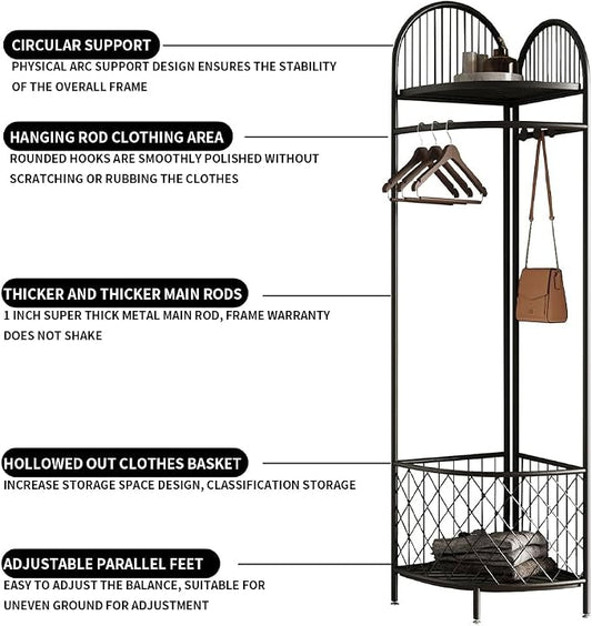 HKaikzo Corner Hall Tree, Coat Rack with 6 Metal Movable Hooks and Storage Basket Coat Rack Design Clothing Rack for Bedroom Entryway Hallway