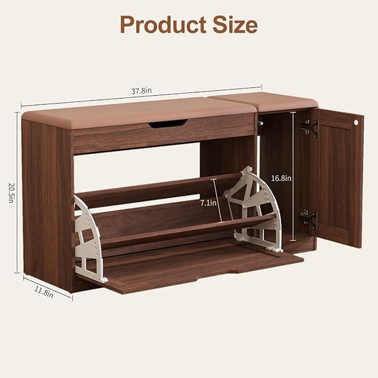 34" Storage Bench with Flip Drawers and Barn Doors, Adjustable Shelf, Flip-up Cabinet & Padded Cushion - Space-Saving Shoe Cabinet, Organizer for Entryway, Hallway, Bedroom