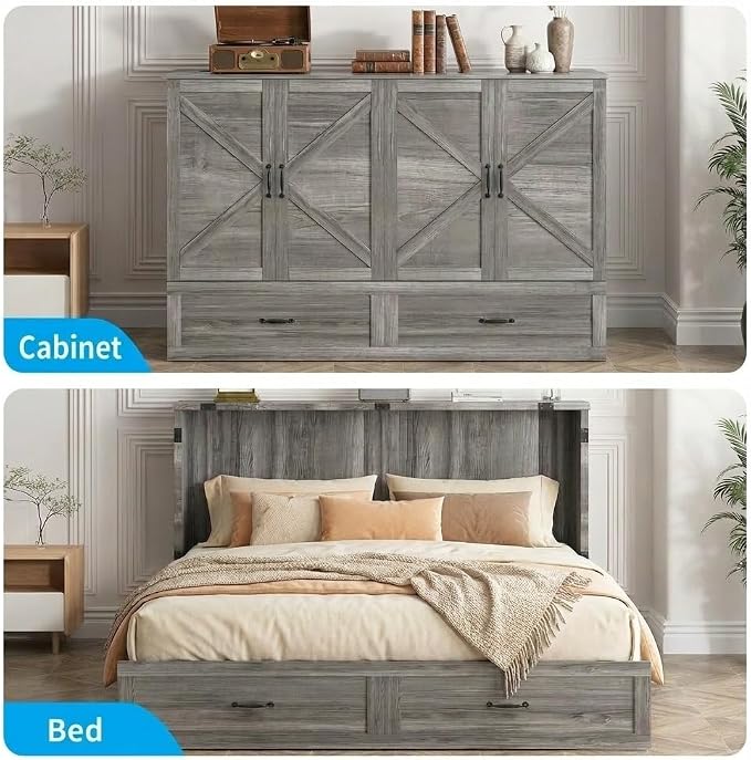 Mjkone Queen Murphy Bed, Cabinet Beds Queen Size with Tri-Fold Mattress Included, Charging Station, Hidden Storage Drawers, Space Saving Murphy Chest Beds, Cabinet Guest Wall Bed for Apartment, Grey