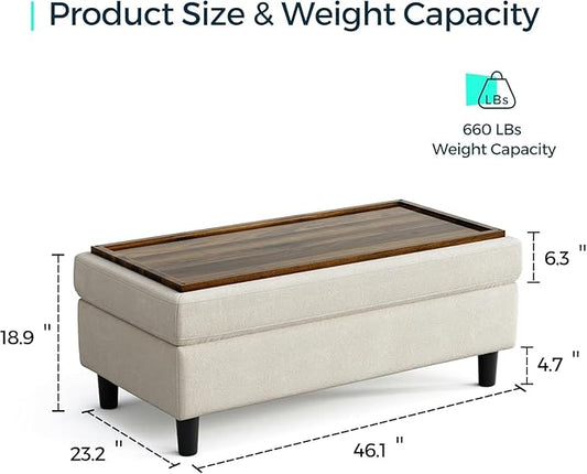 LINSY HOME 46 Inches Wide Storage Ottoman Bench, Linen Coffee Table Folding Long Shoes Bench Footstool, Storage Chest, Foot Rest Stool, for The Living Room, Entryway and Family Room(Beige)