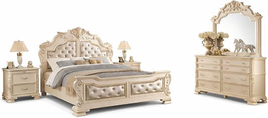 First of a Kind Victoria Off White Traditional 4 Piece Queen Bedroom Set with Upholstered Tufted Headboard Elegant European Inspired Design Coordinated Furniture Collection