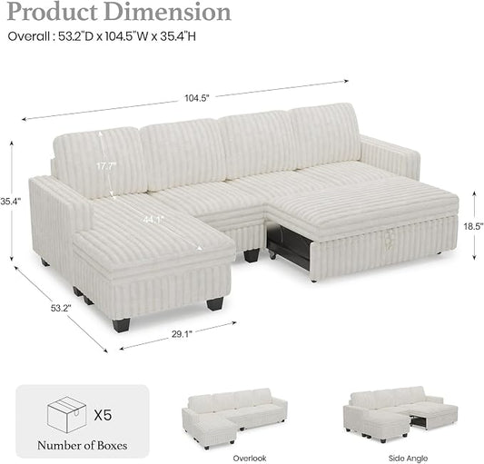 Belffin Modular Sectional Sofa with Storage Chaise Corduroy Sleeper Sofa with Pull Out Bed L Shaped Couch for Living Room. Apartment Couch. Beige