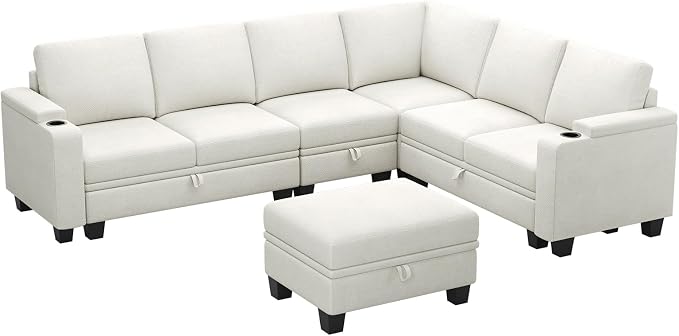 Belffin Chenille Modular Sectional Sofa Convertible L Shaped Corner Couches for Living Room with Storage Armrest with Cup Holder White Couch