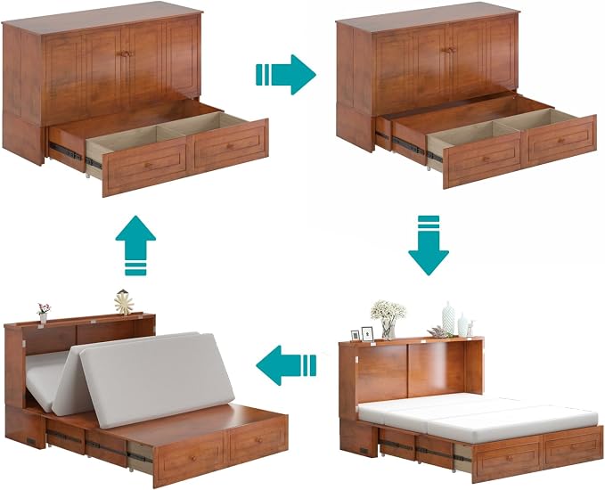 BALUS Murphy Bed, Queen Cabinet Bed with Tri-Fold Memory Foam Mattress, Modern Adults Guest Room Murphy Chest Cube Beds with Built-in Charging Station and Storage Drawers for Bedroom Apartment, Cherry