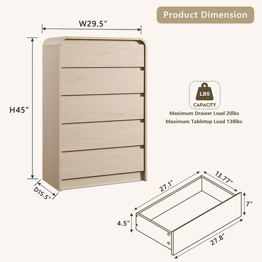 Aitjunz Modern 5 Drawers Dresser for Bedroom, 45" Tall Dressers, Cream | Wood Dressers & Chests of Drawers w/Curved Profile Design, Mid Century Vertical Dresser with Handleless Design for Bedroom
