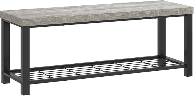 FOLUBAN Entryway Bench, Rustic Wood and Metal Shoe Storage Bench for Hallway Front Door Entrance, Industrial Indoor Bench for Bedroom Living Room, 43.3 Inch Light Grey