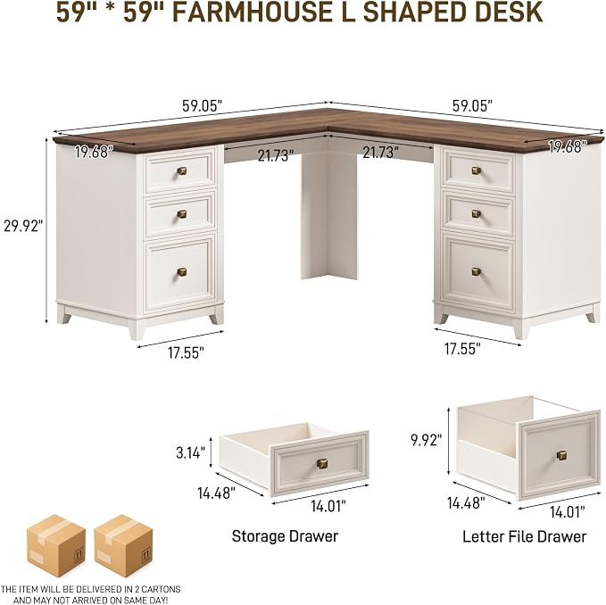 Vabches Farmhouse L Shaped Executive Desk with 6 Drawers, 59’’ Wood Home Office Desk with File Cabinet, Writing Corner Computer Desk for Home Office, Work, Study, White and Brown