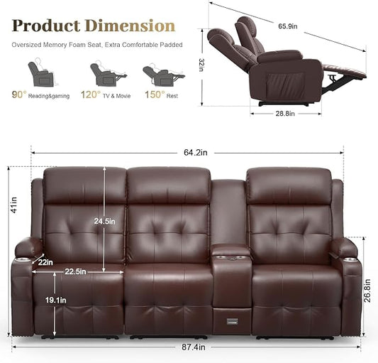 Recliner Sofa, Massage Reclining Sofa 3 Seater Sets Heavy Weight Capacity, RV Loveseat Couch Clearance with Console, USB, Type C Port, Storage, Cup Holders, Wall Hugger Chair for Living Room