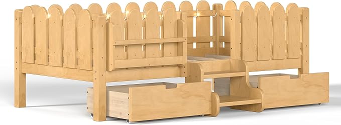 Bellemave Twin Montessori Bed with Stairs, Lights, Rails and Slats, Twin Size Montessori Floor Bed with Bookshelf and 2 Storage Drawers, Easy Assemble Beds Frame for Girls, Boys, Light Natural