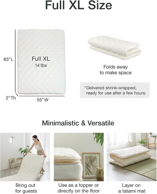 FULI Japanese Futon, Full XL Size, White - Foldable Shikibuton Floor Bed - Medium Firm Quilted Cotton Sleeping Pad, Portable Roll-Up Japanese Floor Bed for Guests & Small Spaces