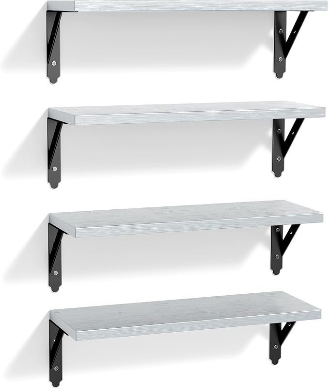 ROMGUAR CRAFT Wood Floating Shelves Set of 4, Rustic Storage Decor Wall Shelves, Wall Mounted Shelf for Living Room, Bedroom 17" x 6", Light Grey
