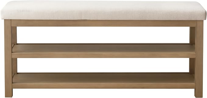 Zihanhome 2 Tier Shoe Rack Bench with Cushion, Solid Wood Shoe Benches, Mid-Century Modern Shoe Storage Bench for Entryway, Hallway, Living Room, Closet, Front Door Entrance, (Beige, 46.5")