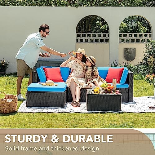Devoko 5 Pieces Patio Furniture Sets All Weather Outdoor Sectional Patio Sofa Manual Weaving Wicker Rattan Patio Seating Sofas with Cushion and Glass Table (Blue)