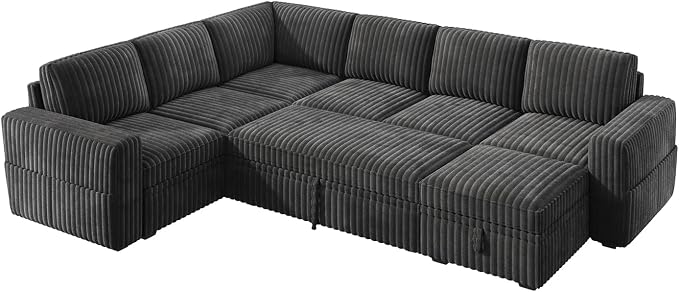 HONBAY Modular Sectional Sleeper Sofa with Pull Out Bed,Corduroy U Shaped Couch with Storage, Sectional Couches for Living Room,Dark Grey
