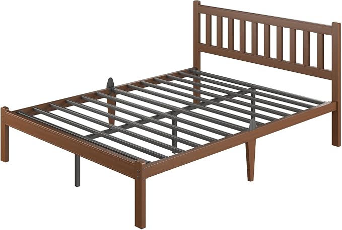 Askeld Bamboo Full Bed Frame with Headboard, 14 Inch High Wood Platform Bed No Box Spring Needed, Modern Minimalist Heavy Duty Bedframe, Easy Assembly, Noise Free, Walnut Color
