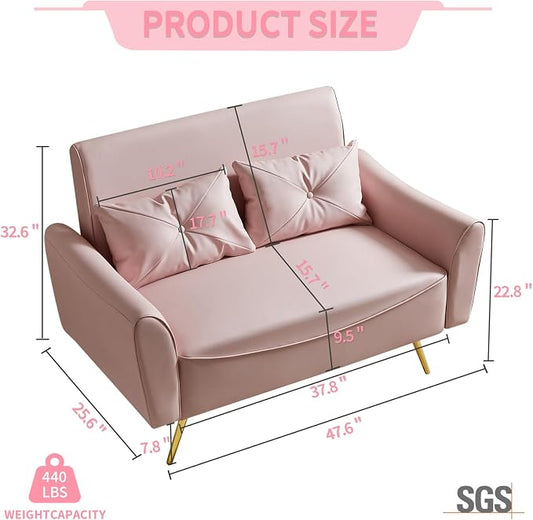 Brelice 47" Faux Leather Loveseat Sofa, Modern Small Couch for Small Space with 2 Pillows, 2 Seater Couch for Living Room, Bedroom, Office, Apartment (Pink)