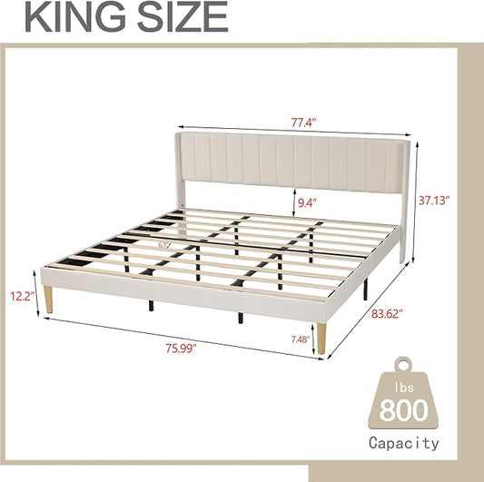 AGARTT Upholstered Platform Bed Frame King Size with Headboard and Footboard/Wooden Slats Support/No Box Spring Needed/Easy Assembly,Beige Velvet