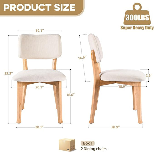 Wooden Dining Chairs Set of 2, Mid Century Modern Kitchen Chairs with Fabric Upholstered and Curved Backrest for Dining Room, Restaurant/Cafe, 300LBS Capacity, Natural