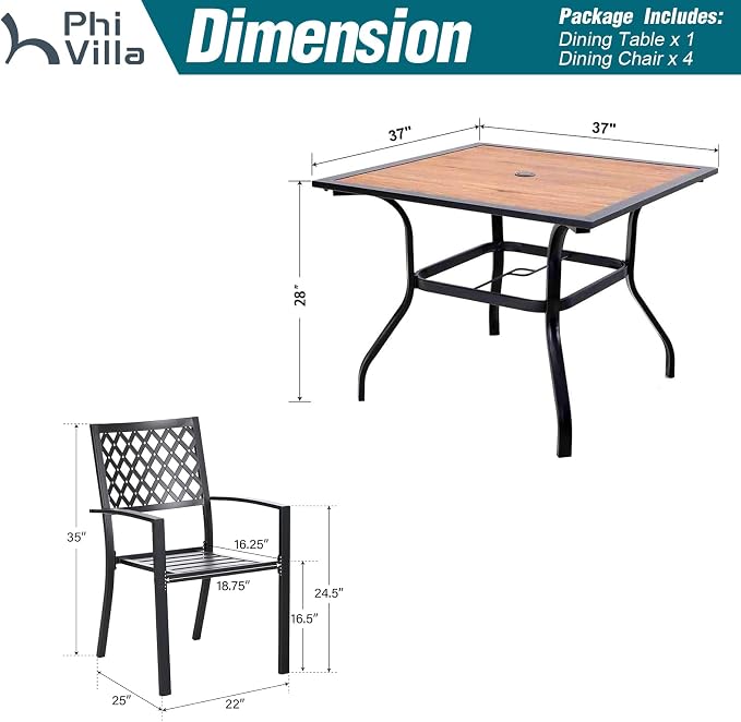 PHI VILLA 5 Pieces Outdoor Dining Set for 4, 37" Square Metal Table with Polywood Top & Stackable Wrought Iron Chairs, Outside Furniture for Patio, Deck, Porch, Backyard