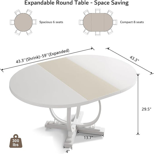 iPormis 59'' Extendable Round Dining Table for 4 to 6, Kitchen Table with Sturdy X-Base Metal Legs, MDF Board with Backboard Clasp, Space Saving, Easy Assembly, Kitchen, Dining Room, White