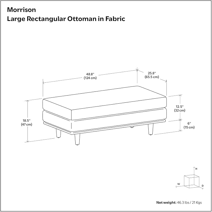 SIMPLIHOME Morrison 49-inch Wide Table Ottoman in Mist Grey Woven-Blend Fabric, Multifunctional Footrest, Coffee Table, or Extra Seating for Living Room, Mid-Century Modern Style