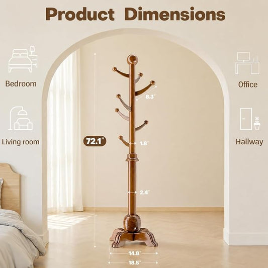 Hall Tree, Freestanding Wood Tree Rack with 7 Hooks, Coat Rack with Stable Sphere Base, Wooden Coat Rack Stand, Load 210 lb, Coat Hanger Stand for Entryway, Hallway, Bedroom (Natural)