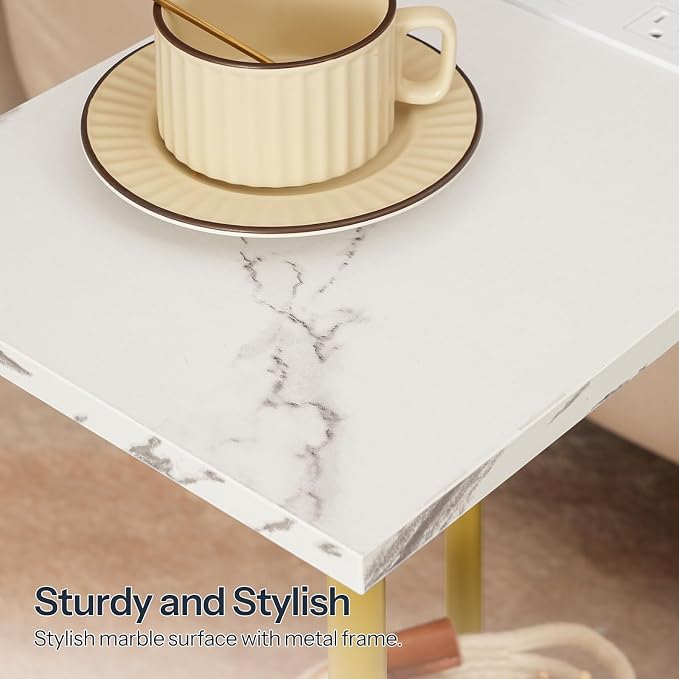 HOOBRO Side Table with Charging Station, Set of 2 End Tables with USB Port and Outlet, Nightstand with 2-Layer Storage Shelves for Small Spaces, Living Room, Bedroom, Gold and Marble DM09UBZP201