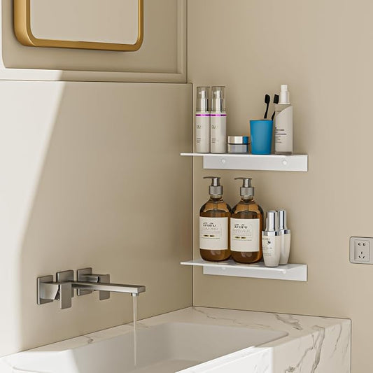 HNVNER Glossy White Metal Floating Shelf 2-Piece Set, Adhesive Wall Shelves in Thickened Aluminium Wall Mounted Shower Caddy, Ideal for Display & Storage in Living Room, Bedroom, Bathroom (11.7")