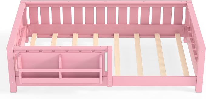 Bellemave Twin Floor Bed with Rails and Slats, Twin Size Montessori Floor Bed with Bookshelf and Fence, Easy Assemble Montessori Beds Frame for Girls, Boys, Pink