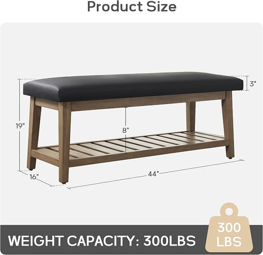 Zihanhome Entryway Bench, PU Leather Upholstered Shoe Benches for Bedroom, Ottoman Bench with Solid Wood Shelf, Storage Bench for Hallway, Living Room(Black)