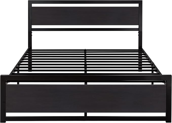 SHA CERLIN Heavy Duty Queen Size Bed Frame with Modern Headboard,Black | Platform Metal Base with Square Footboard and 13 Strong Slats Support, No Box Spring Needed