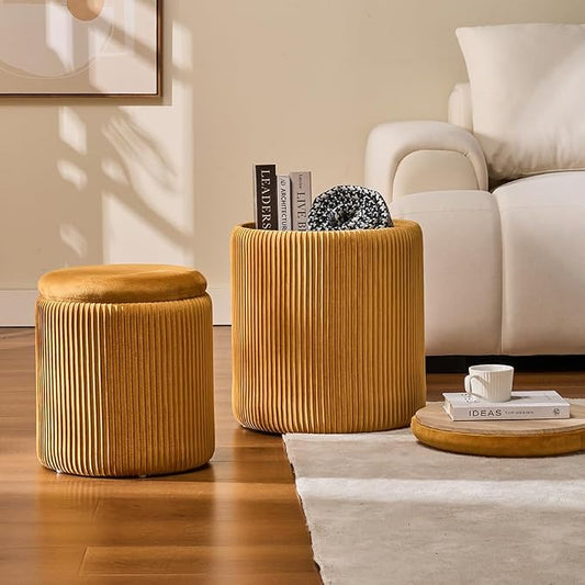 BLEXA Round Set of 2 Ottoman with Storage-Upholstered Velvet Vanity Stool for Makeup Multifunctional Ottomans Coffee Table Padded Seat Foot Rest for Living Room&Bedroom (Yellow)