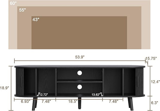 ChooChoo Mid Century Modern TV Stand for TVs up to 60 Inch, Entertainment Center with Fluted Sliding Doors and Hidden Storage, TV Console with Adjustable Shelf for Living Room, Bedroom, Black