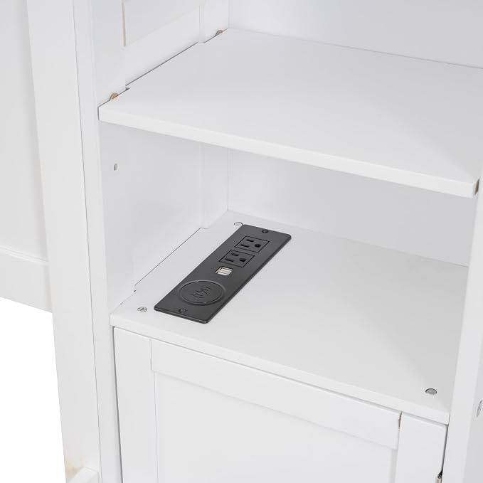 Merax Queen Size Wooden Bed with All-in-One Cabinet and Shelf, White Platform Bed Frame with 2 Drawers, Trundle and Sockets