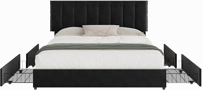 VECELO King Size Bed Frame with 4 Storage Drawers, Adjustable Height Headboard, Heavy-Duty Bedframe with Strong Wooden Slats, No Box Spring Needed, Black